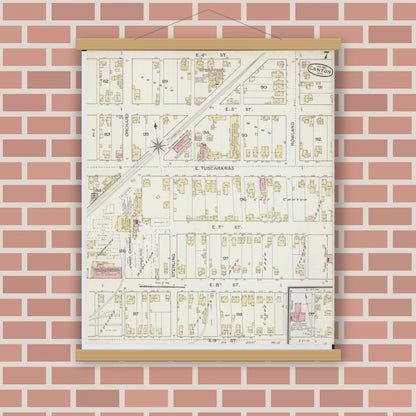 Old map wall art mockup — magnetic wood frame on brick wall — Sanborn Fire Insurance Map from Canton, Stark County, Ohio (1887), Sheet #0007