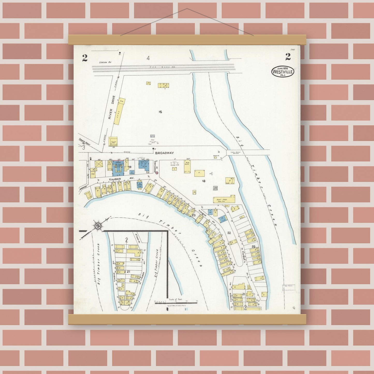 Old map wall art mockup — magnetic wood frame on brick wall — Sanborn Fire Insurance Map from Westville, Gloucester County, New Jersey (1926) - Complete Map Set