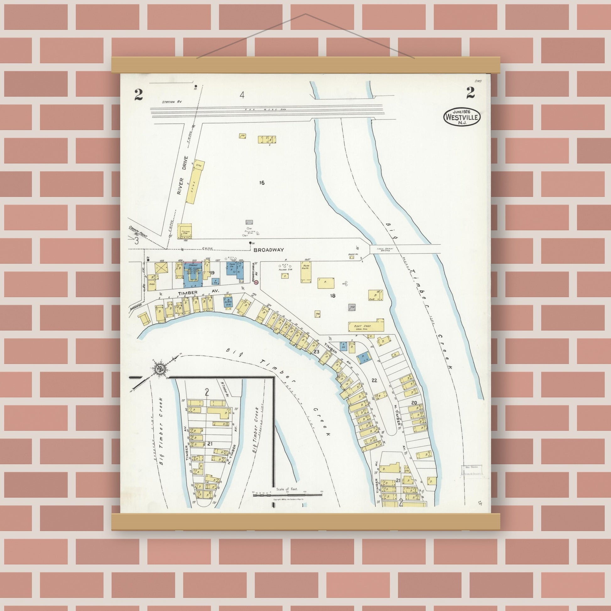 Old map wall art mockup — magnetic wood frame on brick wall — Sanborn Fire Insurance Map from Westville, Gloucester County, New Jersey (1926) - Complete Map Set