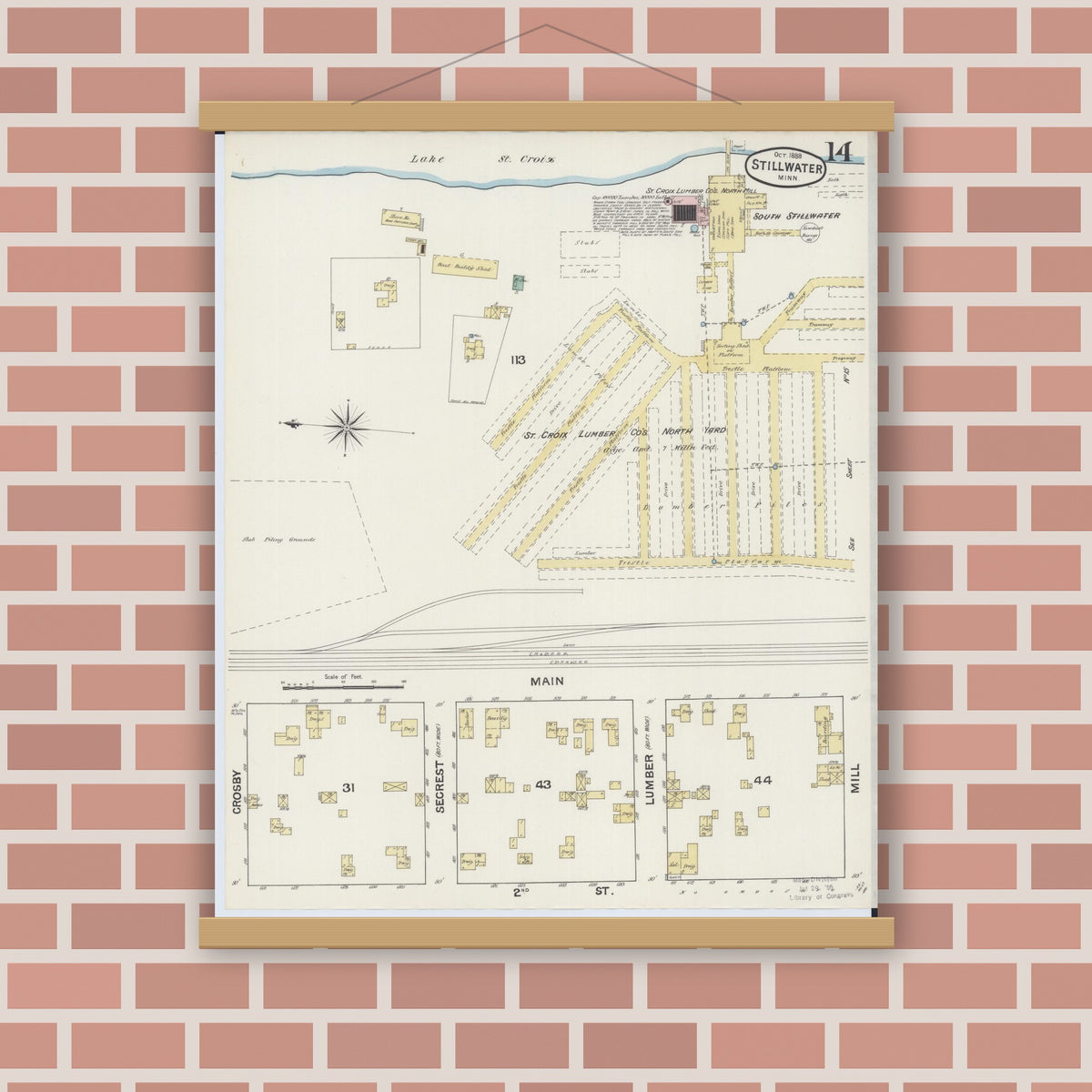 Old map wall art mockup — magnetic wood frame on brick wall — Sanborn Fire Insurance Map from Stillwater, Washington County, Minnesota (1888), Sheet #0014