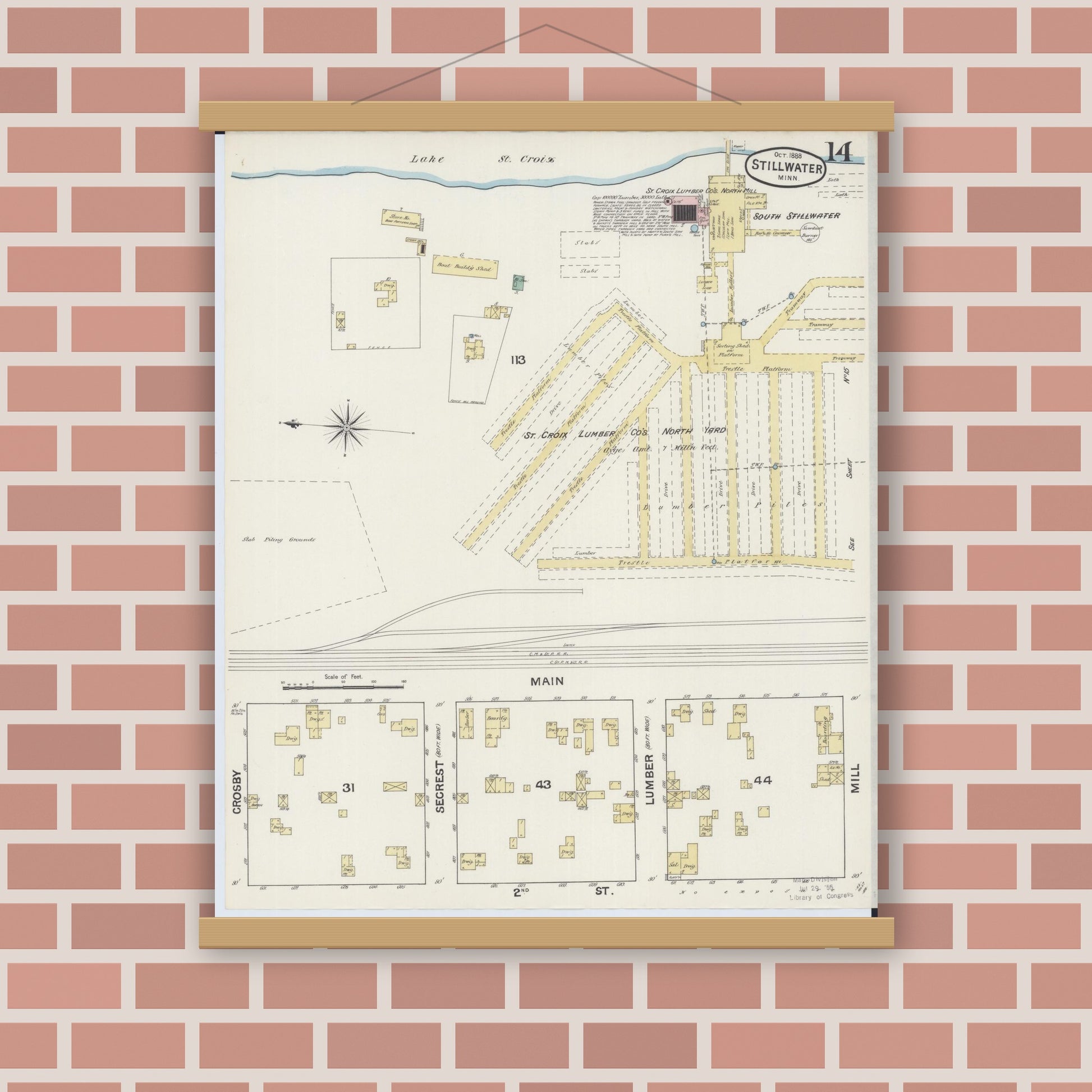 Old map wall art mockup — magnetic wood frame on brick wall — Sanborn Fire Insurance Map from Stillwater, Washington County, Minnesota (1888), Sheet #0014