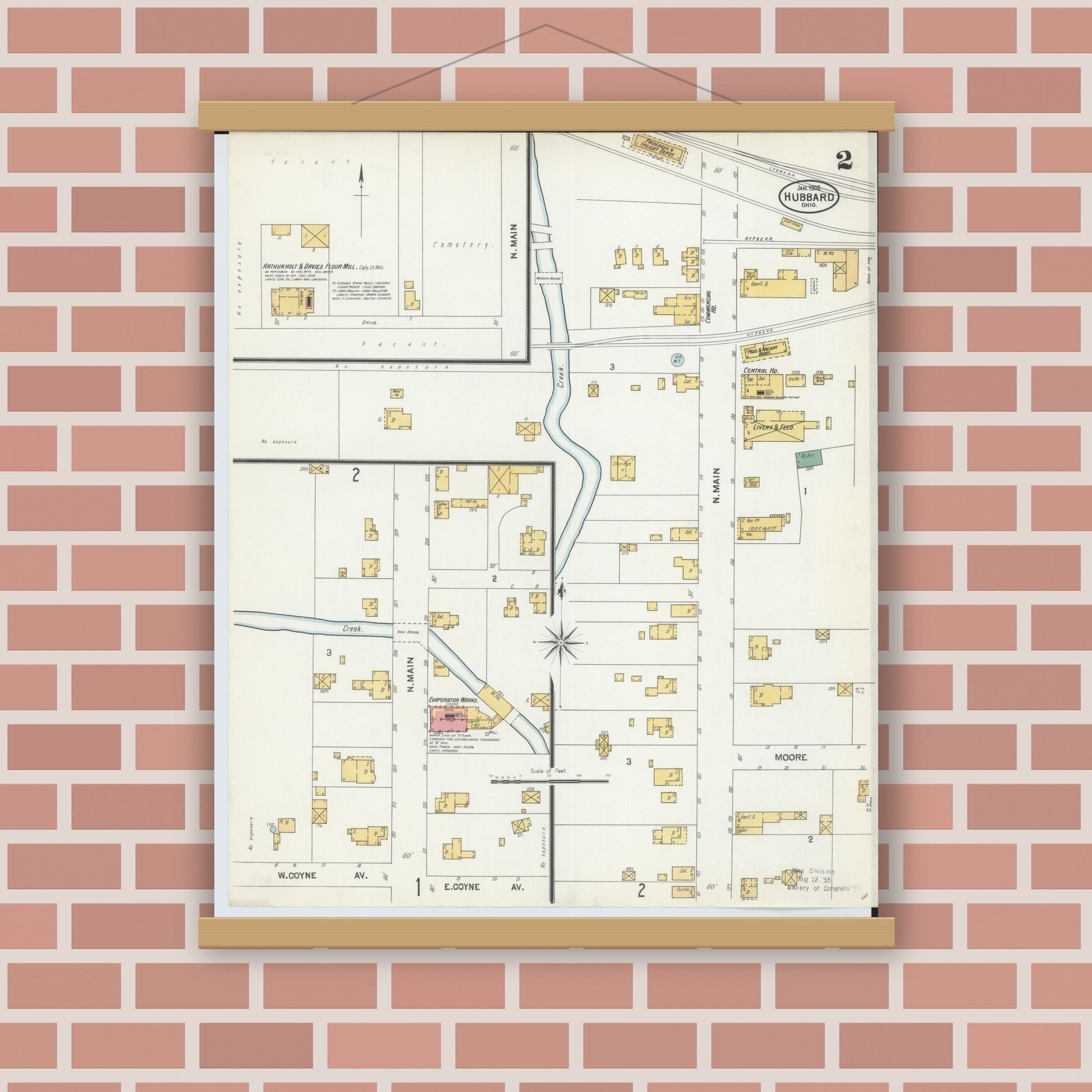 Old map wall art mockup — magnetic wood frame on brick wall — Sanborn Fire Insurance Map from Hubbard, Trumbull County, Ohio (1902), Sheet #0002