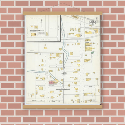 Old map wall art mockup — magnetic wood frame on brick wall — Sanborn Fire Insurance Map from Hubbard, Trumbull County, Ohio (1902), Sheet #0002
