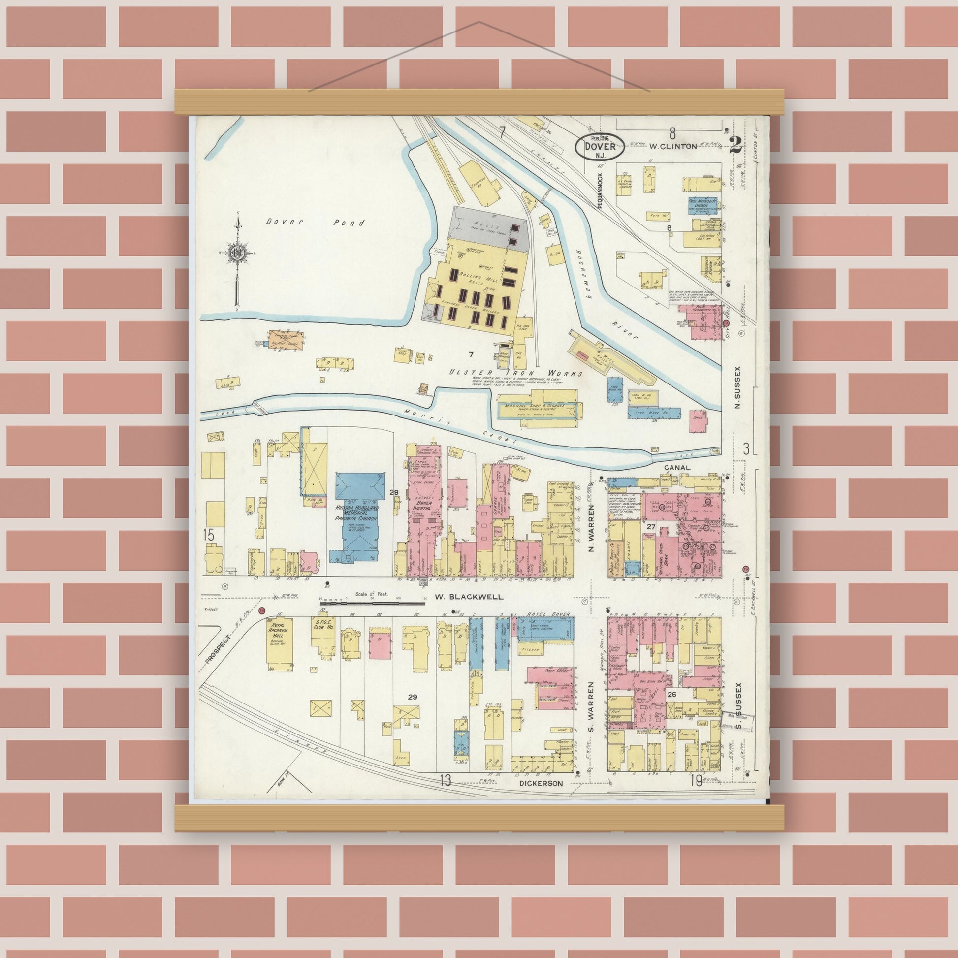 Old map wall art mockup — magnetic wood frame on brick wall — Sanborn Fire Insurance Map from Dover, Morris County, New Jersey (1916) - Complete Map Set