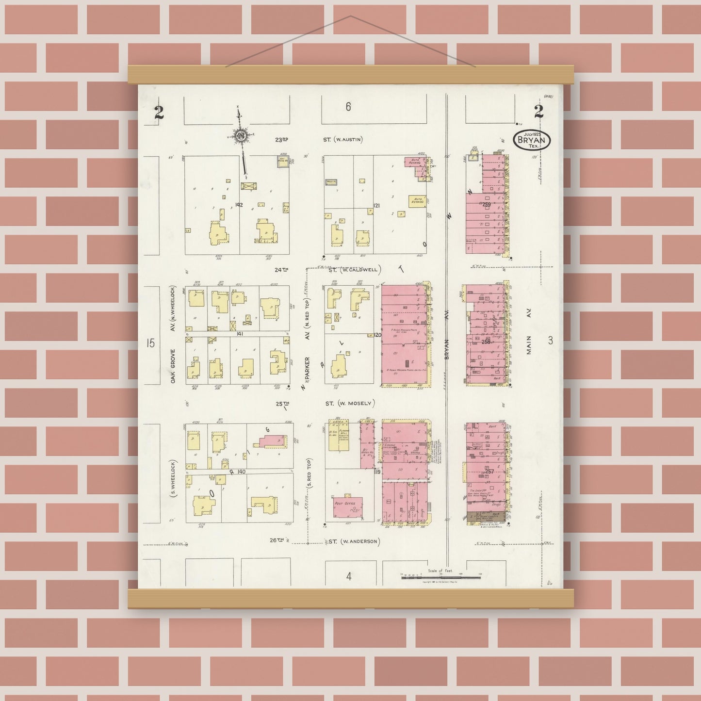 Old map wall art mockup — magnetic wood frame on brick wall — Sanborn Fire Insurance Map from Bryan, Brazos County, Texas (1925), Sheet #0002