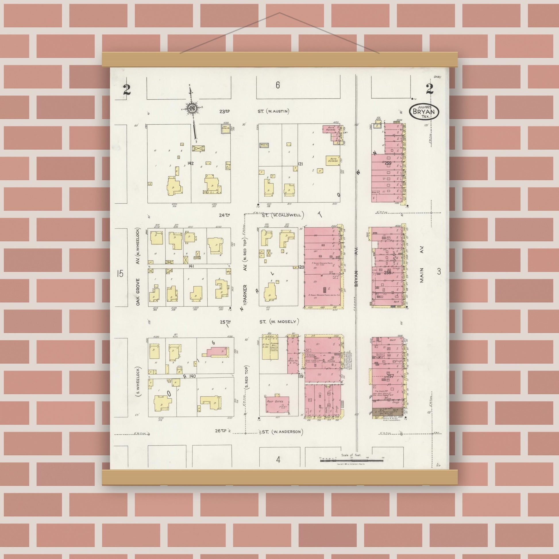 Old map wall art mockup — magnetic wood frame on brick wall — Sanborn Fire Insurance Map from Bryan, Brazos County, Texas (1925), Sheet #0002