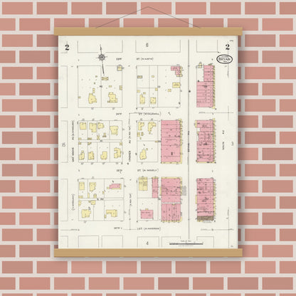 Old map wall art mockup — magnetic wood frame on brick wall — Sanborn Fire Insurance Map from Bryan, Brazos County, Texas (1925), Sheet #0002