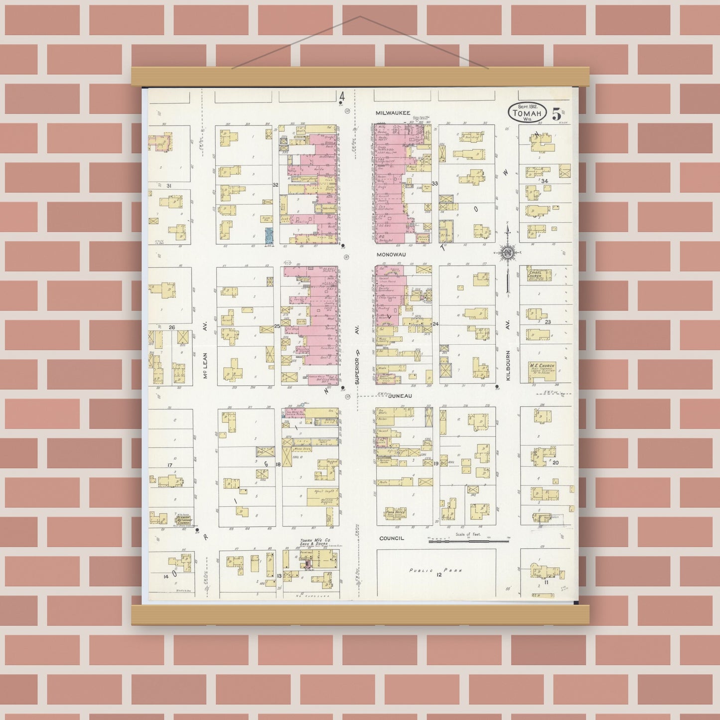 Old map wall art mockup — magnetic wood frame on brick wall — Sanborn Fire Insurance Map from Tomah, Monroe County, Wisconsin (1912), Sheet #0005