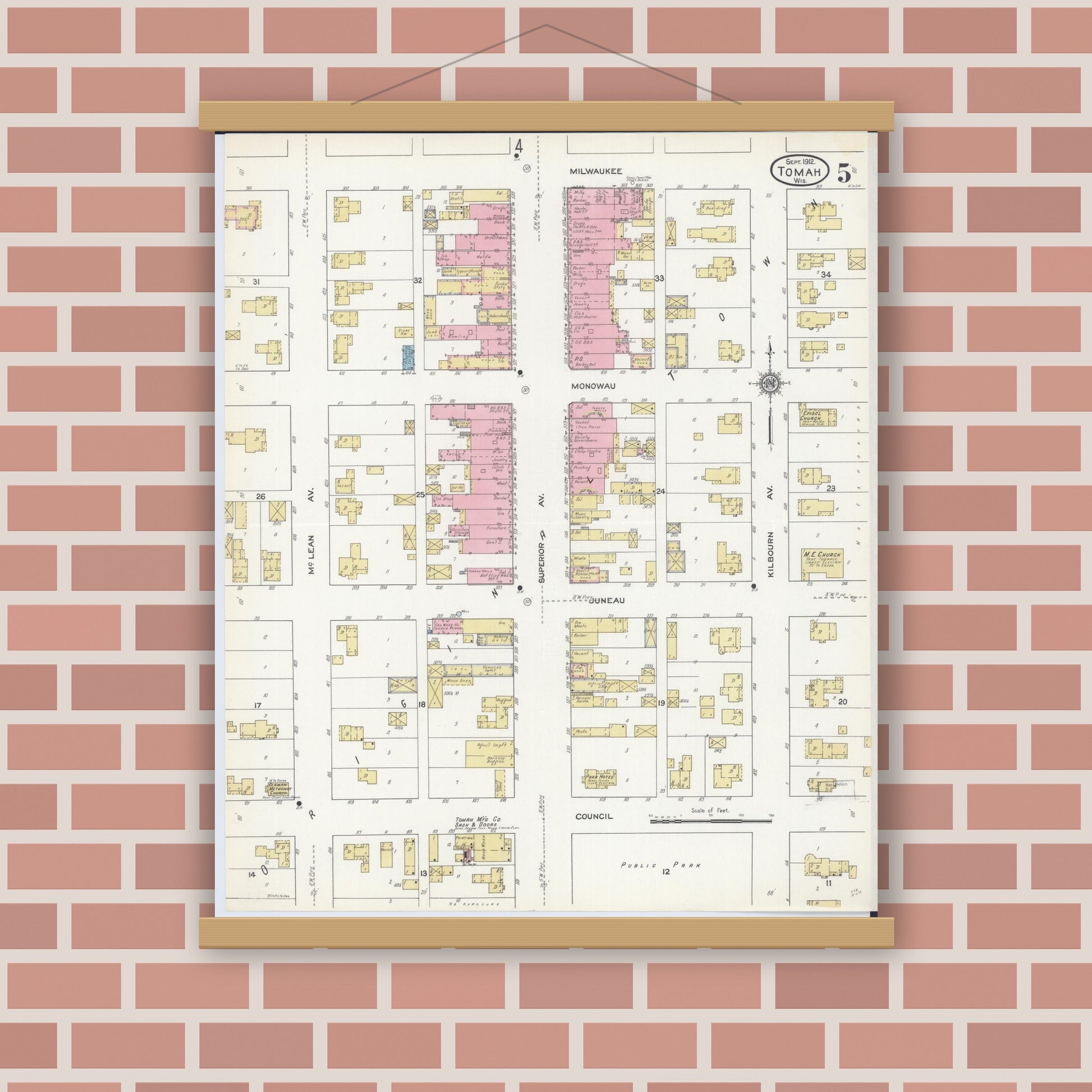 Old map wall art mockup — magnetic wood frame on brick wall — Sanborn Fire Insurance Map from Tomah, Monroe County, Wisconsin (1912), Sheet #0005