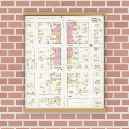 Old map wall art mockup — magnetic wood frame on brick wall — Sanborn Fire Insurance Map from Tomah, Monroe County, Wisconsin (1912), Sheet #0005
