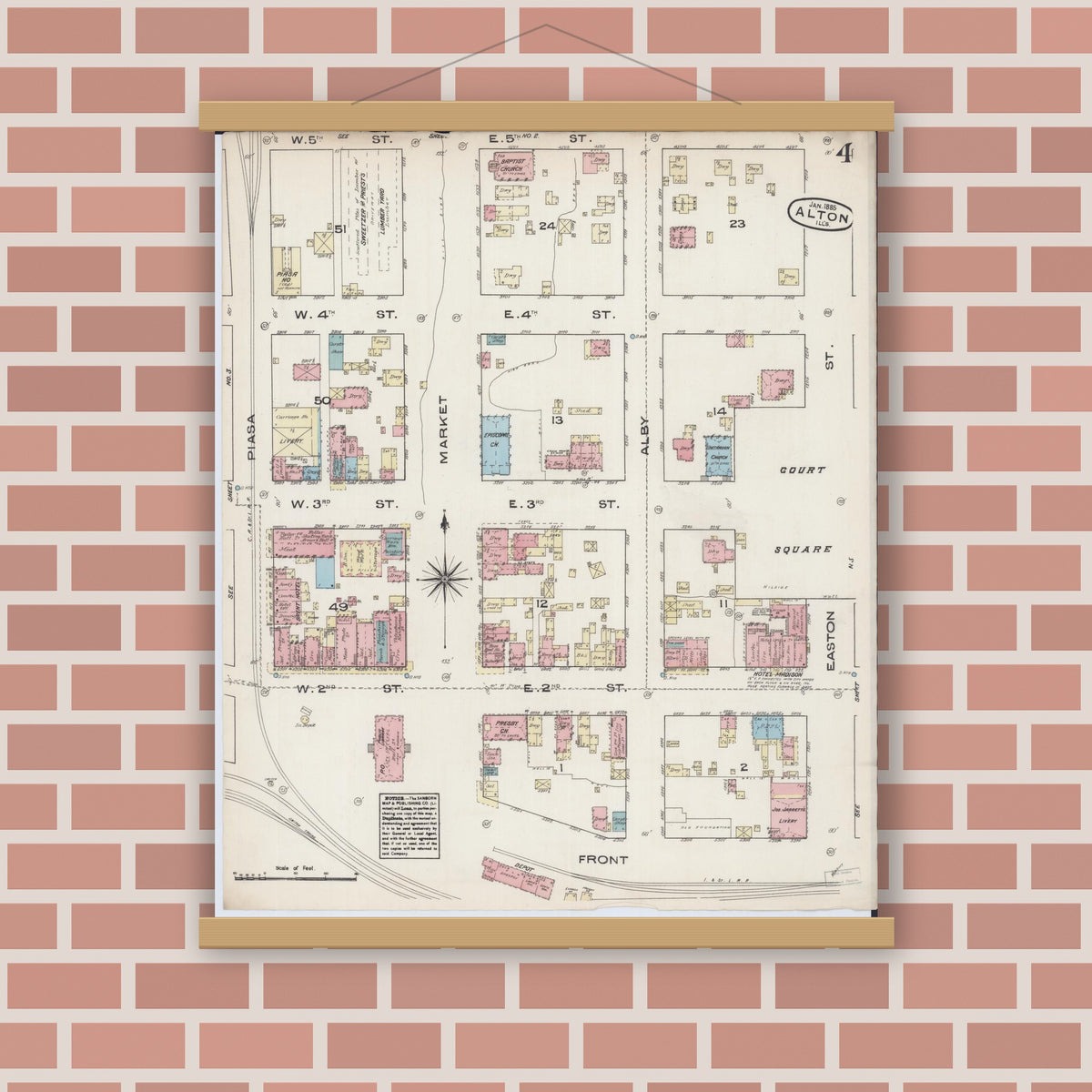 Old map wall art mockup — magnetic wood frame on brick wall — Sanborn Fire Insurance Map from Alton, Madison County, Illinois (1885), Sheet #0004