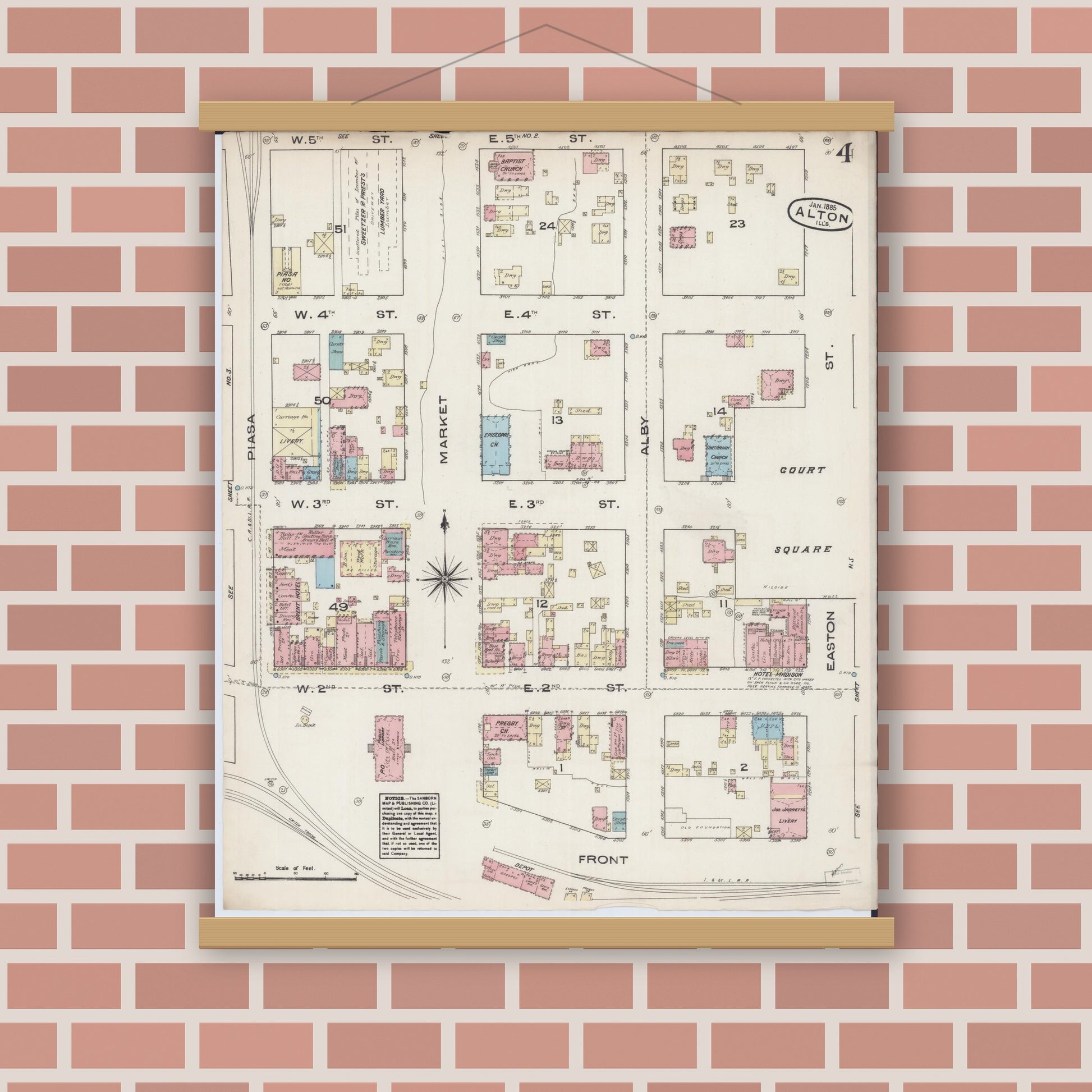 Old map wall art mockup — magnetic wood frame on brick wall — Sanborn Fire Insurance Map from Alton, Madison County, Illinois (1885), Sheet #0004