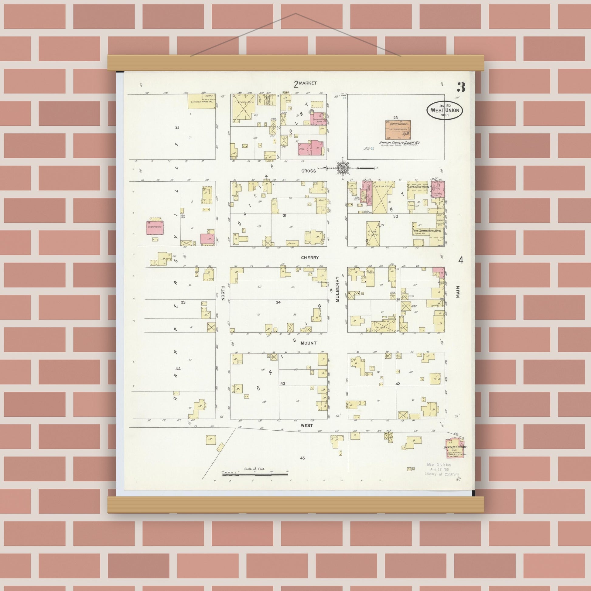 Old map wall art mockup — magnetic wood frame on brick wall — Sanborn Fire Insurance Map from West Union, Adams County, Ohio (1912), Sheet #0003