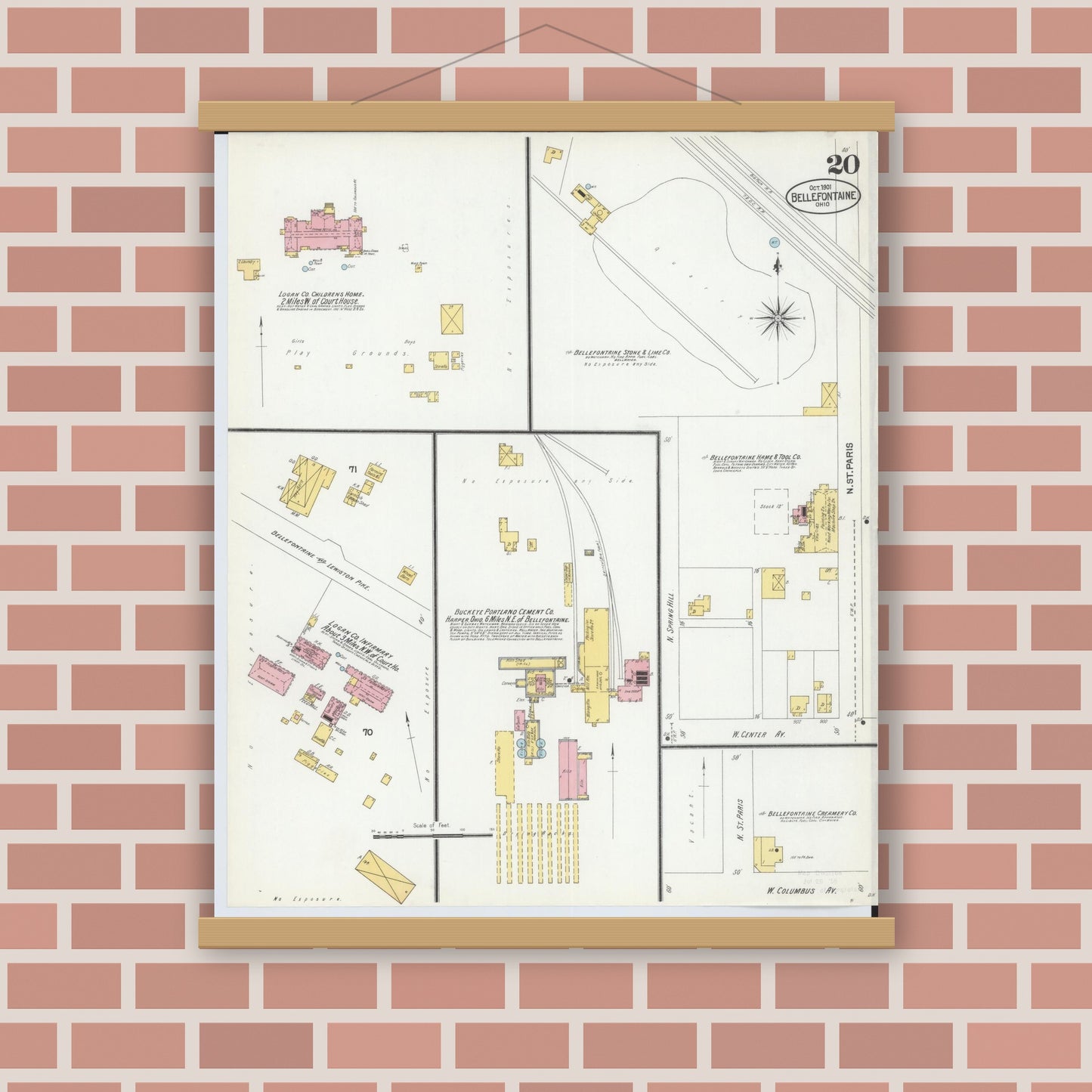 Old map wall art mockup — magnetic wood frame on brick wall — Sanborn Fire Insurance Map from Bellefontaine, Logan County, Ohio (1901), Sheet #0020