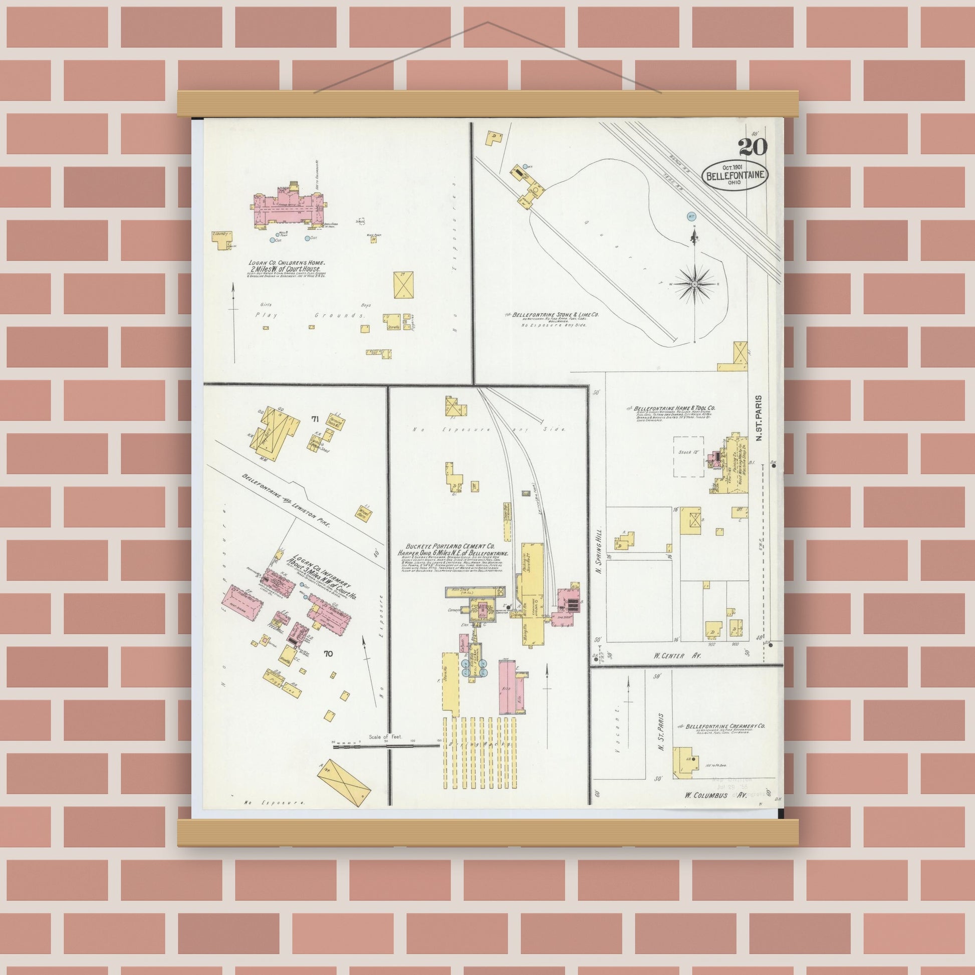 Old map wall art mockup — magnetic wood frame on brick wall — Sanborn Fire Insurance Map from Bellefontaine, Logan County, Ohio (1901), Sheet #0020