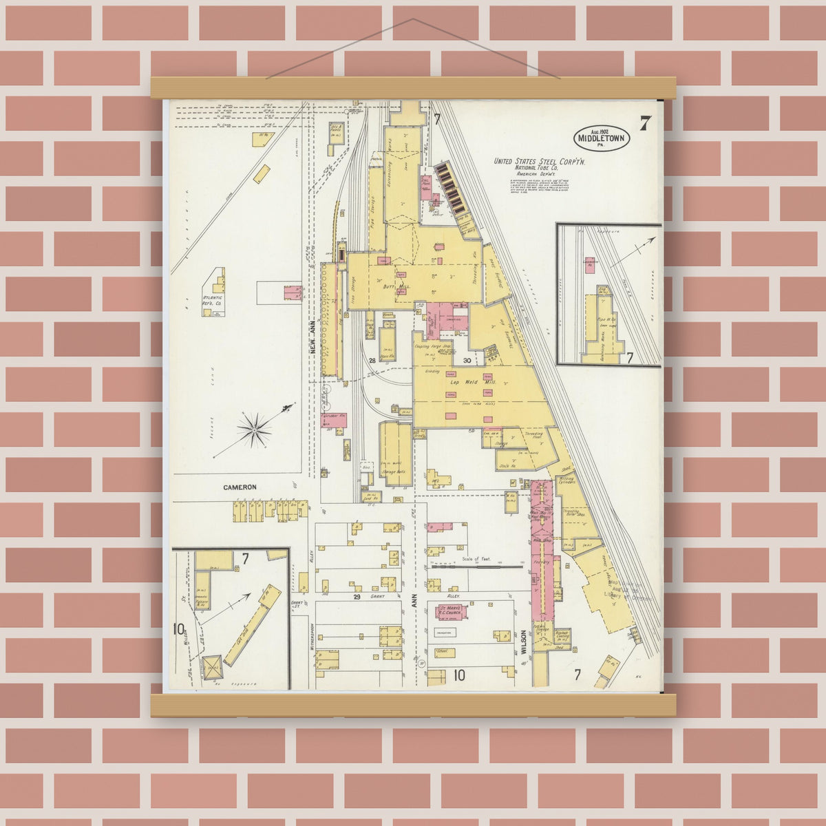 Old map wall art mockup — magnetic wood frame on brick wall — Sanborn Fire Insurance Map from Middletown, Dauphin County, Pennsylvania (1902), Sheet #0007