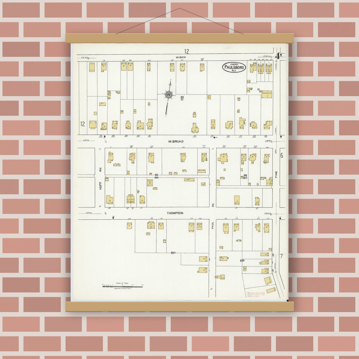 Old map wall art mockup — magnetic wood frame on brick wall — Sanborn Fire Insurance Map from Paulsboro, Gloucester County, New Jersey (1920), Sheet #0004
