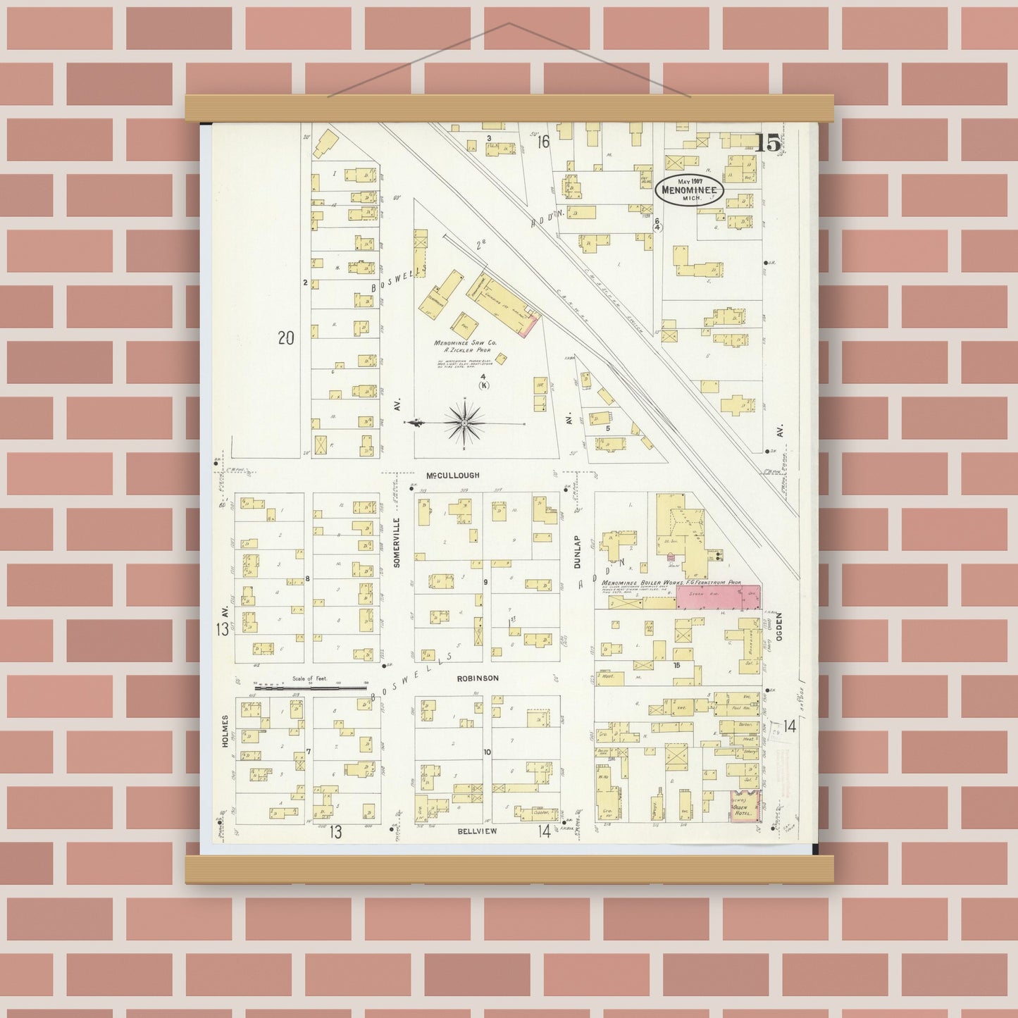 Old map wall art mockup — magnetic wood frame on brick wall — Sanborn Fire Insurance Map from Menominee, Menominee County, Michigan (1907), Sheet #0015
