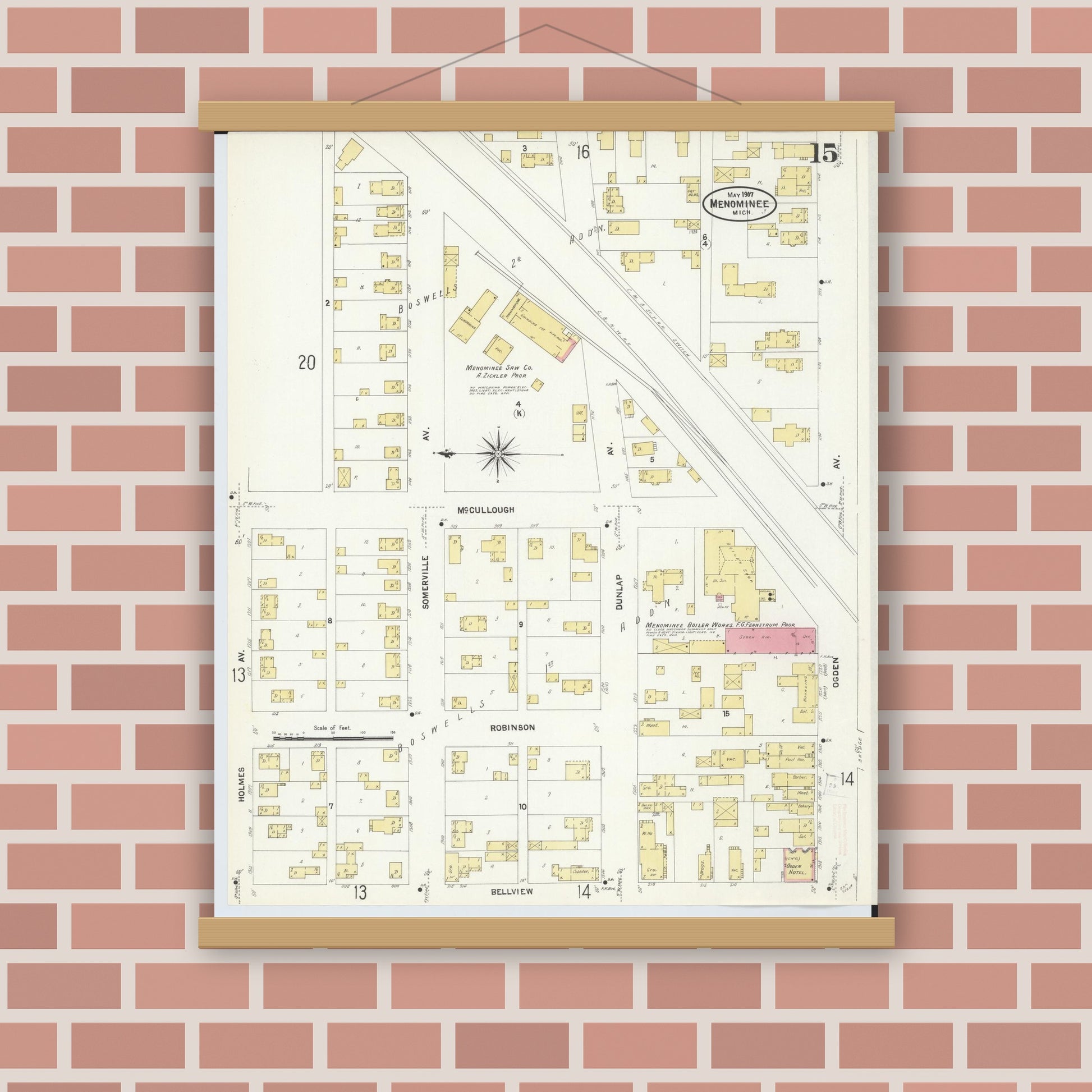 Old map wall art mockup — magnetic wood frame on brick wall — Sanborn Fire Insurance Map from Menominee, Menominee County, Michigan (1907), Sheet #0015