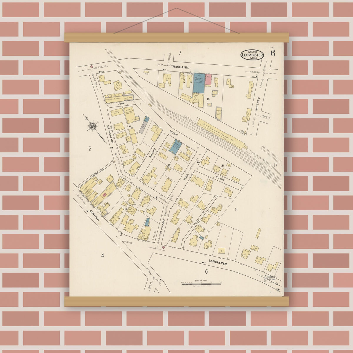 Old map wall art mockup — magnetic wood frame on brick wall — Sanborn Fire Insurance Map from Leominster, Worcester County, Massachusetts (1922), Sheet #0006