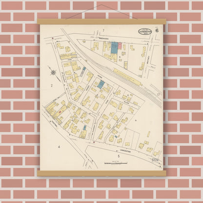 Old map wall art mockup — magnetic wood frame on brick wall — Sanborn Fire Insurance Map from Leominster, Worcester County, Massachusetts (1922), Sheet #0006