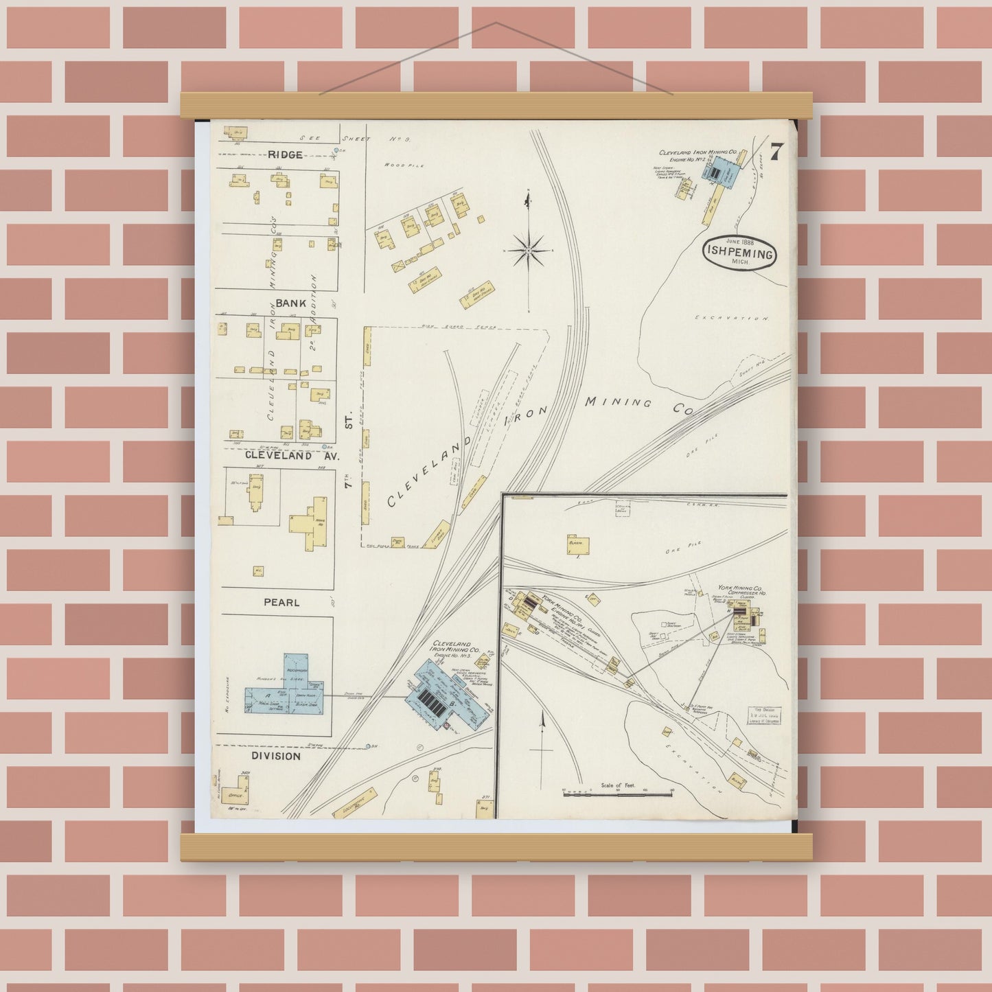Old map wall art mockup — magnetic wood frame on brick wall — Sanborn Fire Insurance Map from Ishpeming, Marquette County, Michigan (1888), Sheet #0007