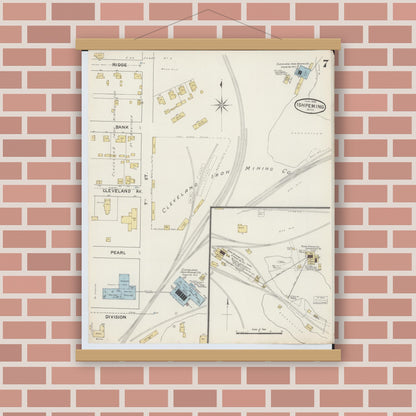 Old map wall art mockup — magnetic wood frame on brick wall — Sanborn Fire Insurance Map from Ishpeming, Marquette County, Michigan (1888), Sheet #0007