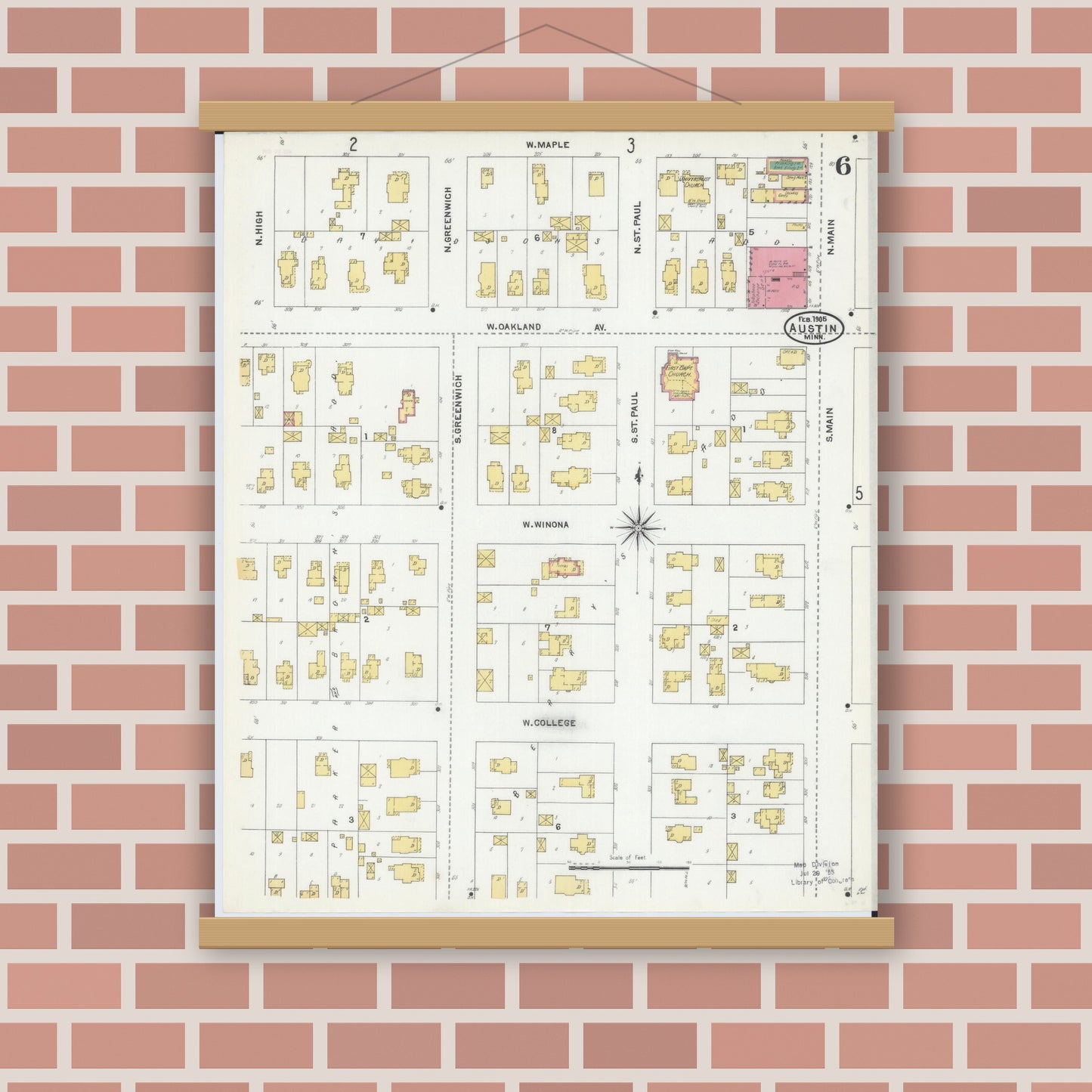 Old map wall art mockup — magnetic wood frame on brick wall — Sanborn Fire Insurance Map from Austin, Mower County, Minnesota (1905), Sheet #0006