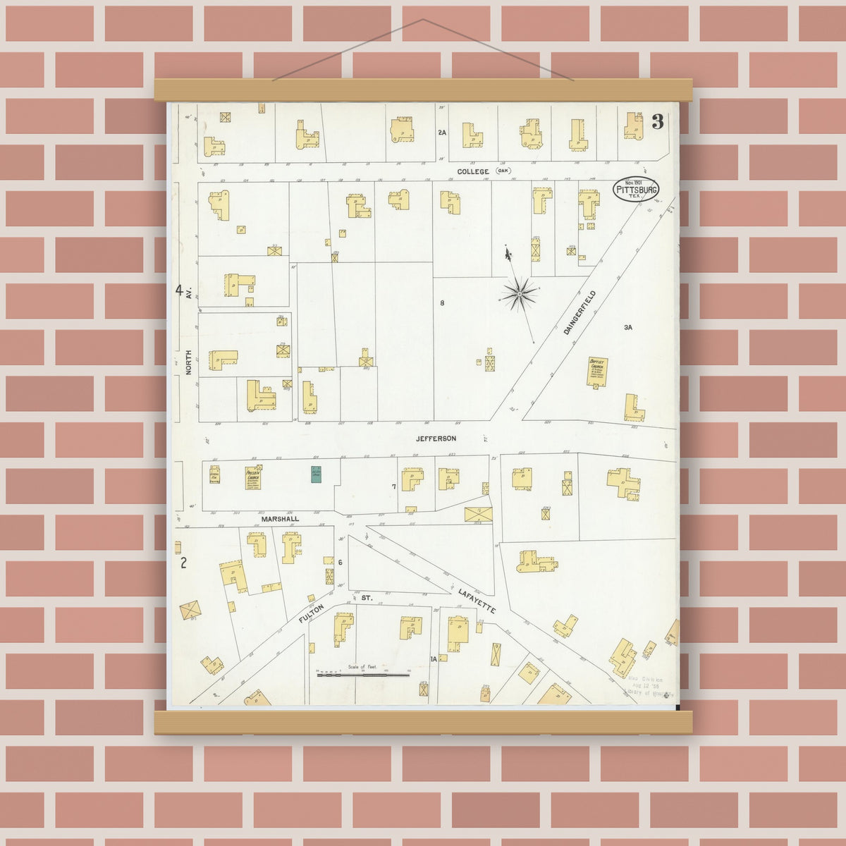 Old map wall art mockup — magnetic wood frame on brick wall — Sanborn Fire Insurance Map from Pittsburg, Camp County, Texas (1901), Sheet #0003