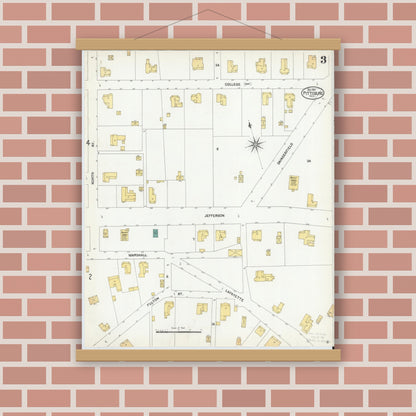 Old map wall art mockup — magnetic wood frame on brick wall — Sanborn Fire Insurance Map from Pittsburg, Camp County, Texas (1901), Sheet #0003
