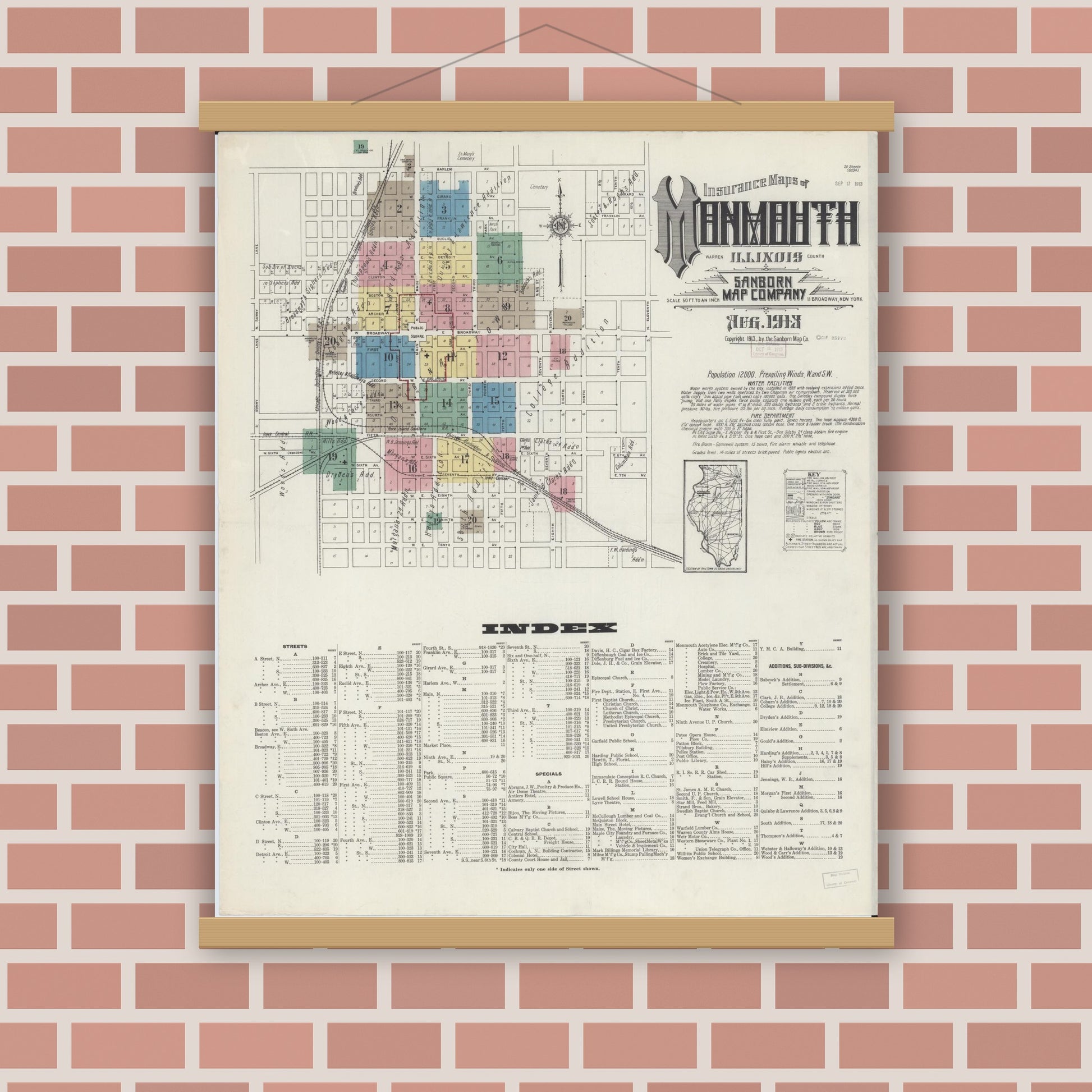 Old map wall art mockup — magnetic wood frame on brick wall — Sanborn Fire Insurance Map from Monmouth, Warren County, Illinois (1913) - Complete Map Set