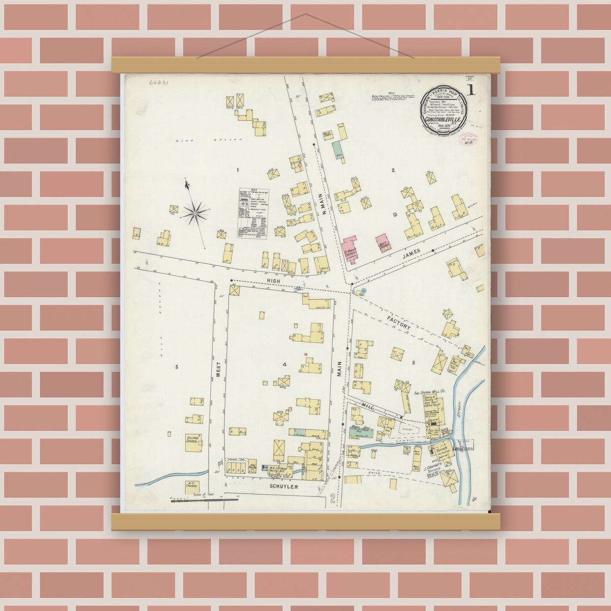 Old map wall art mockup — magnetic wood frame on brick wall — Sanborn Fire Insurance Map from Constableville, Lewis County, New York (1895) - Complete Map Set