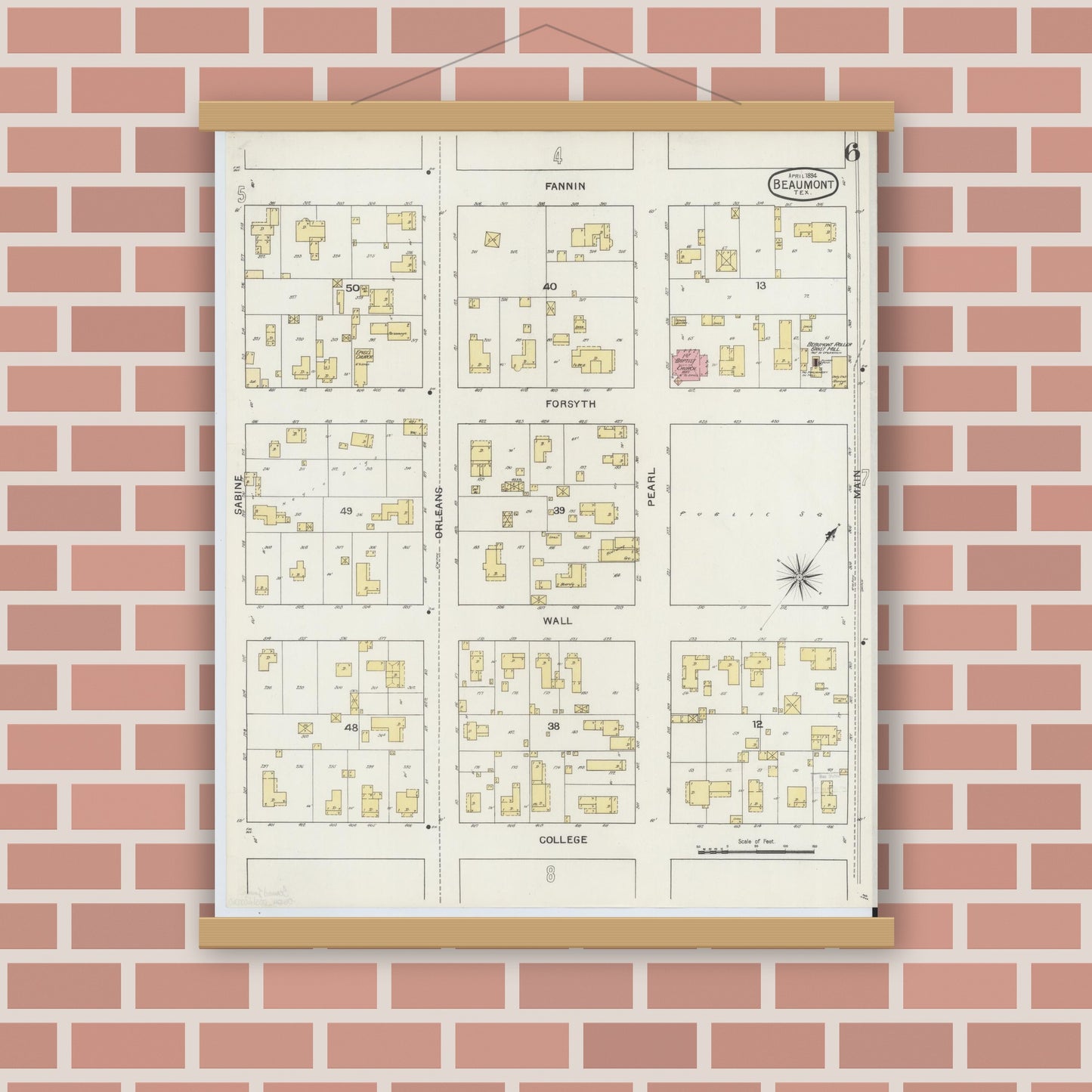 Old map wall art mockup — magnetic wood frame on brick wall — Sanborn Fire Insurance Map from Beaumont, Jefferson County, Texas (1894), Sheet #0006