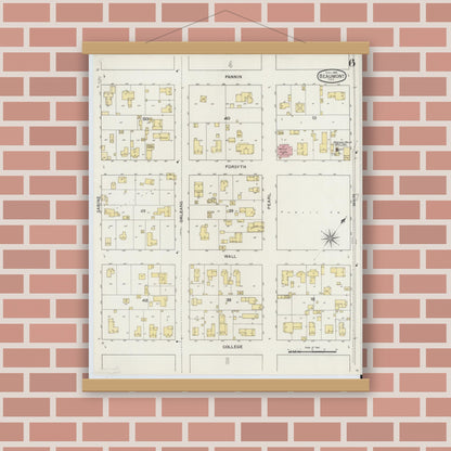 Old map wall art mockup — magnetic wood frame on brick wall — Sanborn Fire Insurance Map from Beaumont, Jefferson County, Texas (1894), Sheet #0006