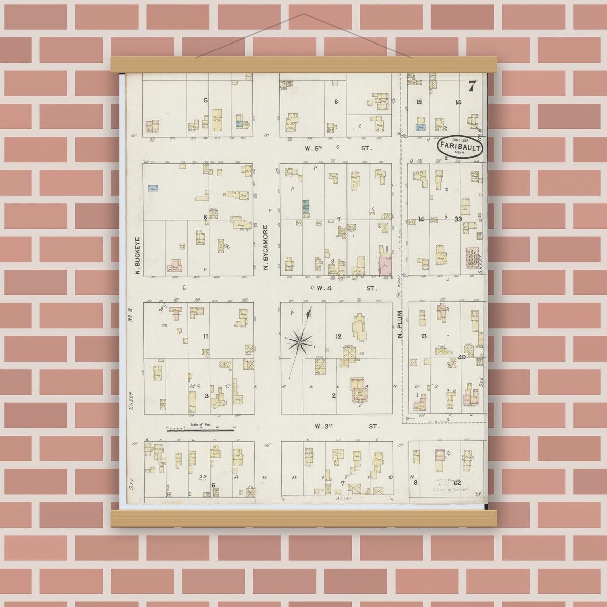 Old map wall art mockup — magnetic wood frame on brick wall — Sanborn Fire Insurance Map from Faribault, Rice County, Minnesota (1889), Sheet #0007