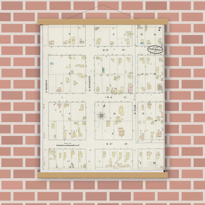 Old map wall art mockup — magnetic wood frame on brick wall — Sanborn Fire Insurance Map from Faribault, Rice County, Minnesota (1889), Sheet #0007
