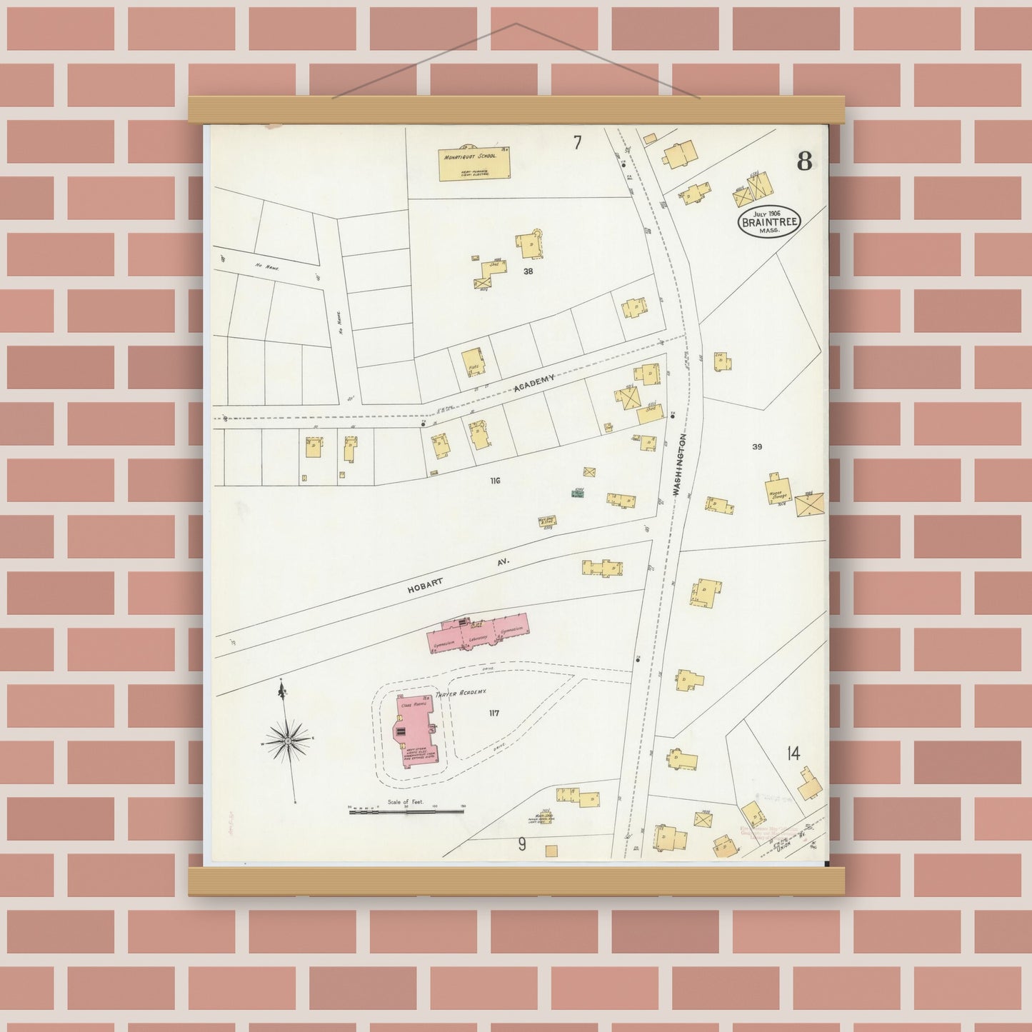 Old map wall art mockup — magnetic wood frame on brick wall — Sanborn Fire Insurance Map from Braintree, Norfolk County, Massachusetts (1906), Sheet #0008