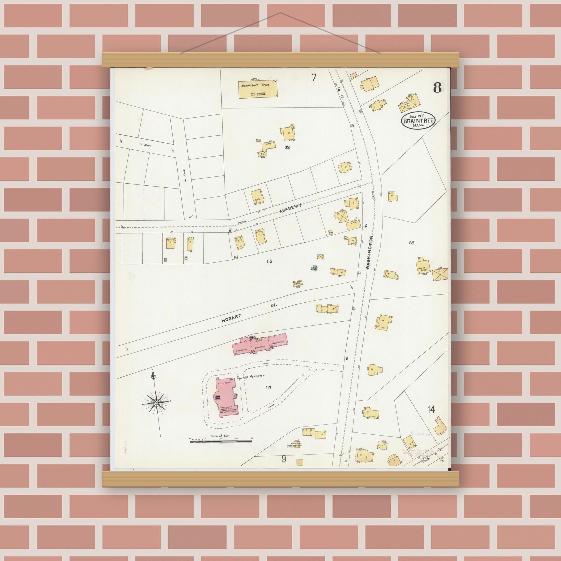 Old map wall art mockup — magnetic wood frame on brick wall — Sanborn Fire Insurance Map from Braintree, Norfolk County, Massachusetts (1906), Sheet #0008