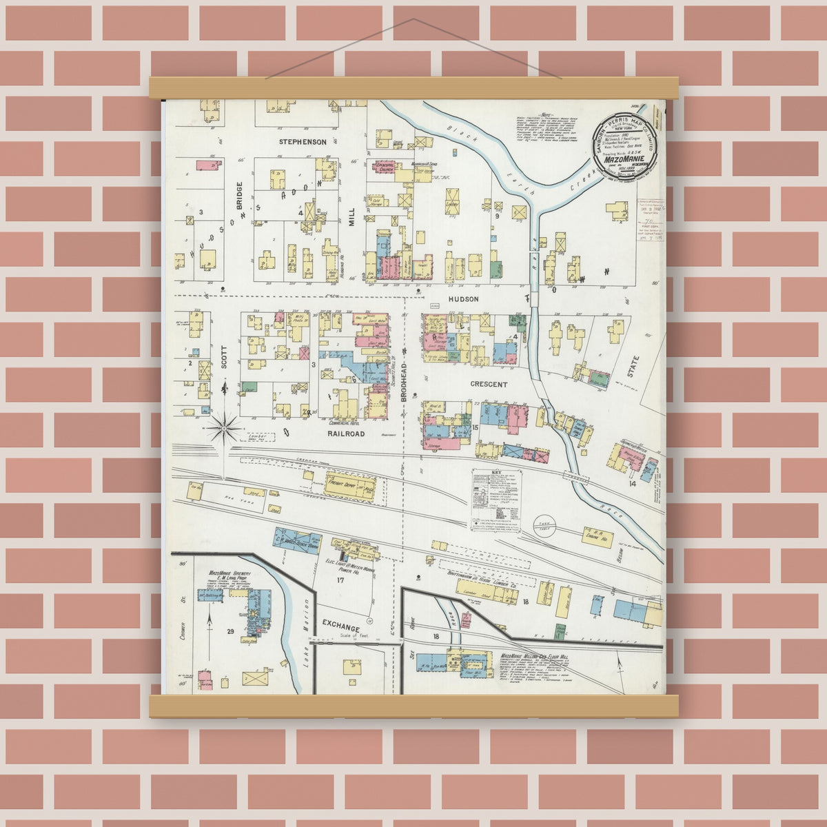 Old map wall art mockup — magnetic wood frame on brick wall — Sanborn Fire Insurance Map from Mazomanie, Dane County, Wisconsin (1899), Sheet #0001