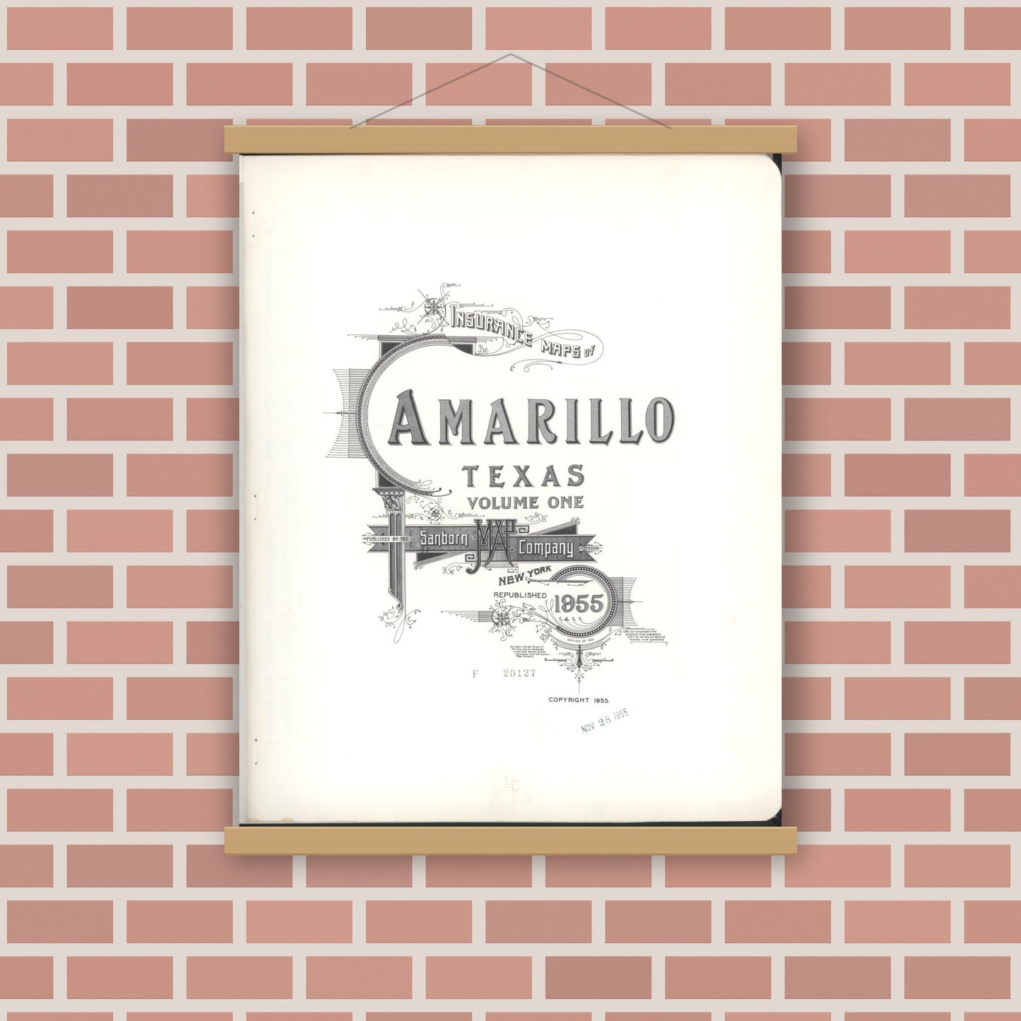 Old map wall art mockup — magnetic wood frame on brick wall — Sanborn Fire Insurance Map from Amarillo, Potter County, Texas (1955), Sheet #0001