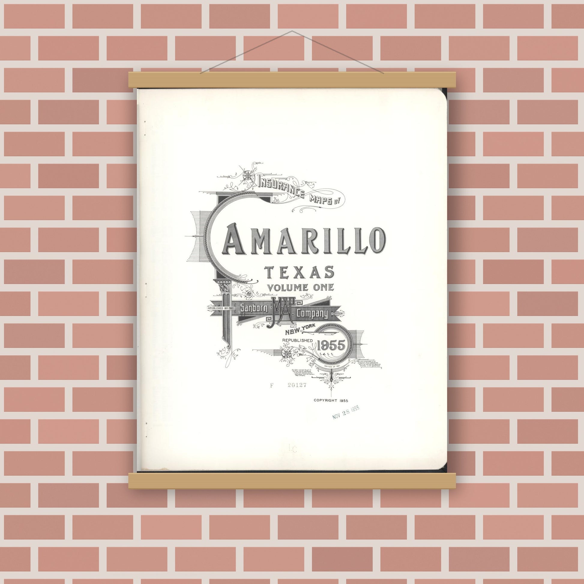 Old map wall art mockup — magnetic wood frame on brick wall — Sanborn Fire Insurance Map from Amarillo, Potter County, Texas (1955), Sheet #0001