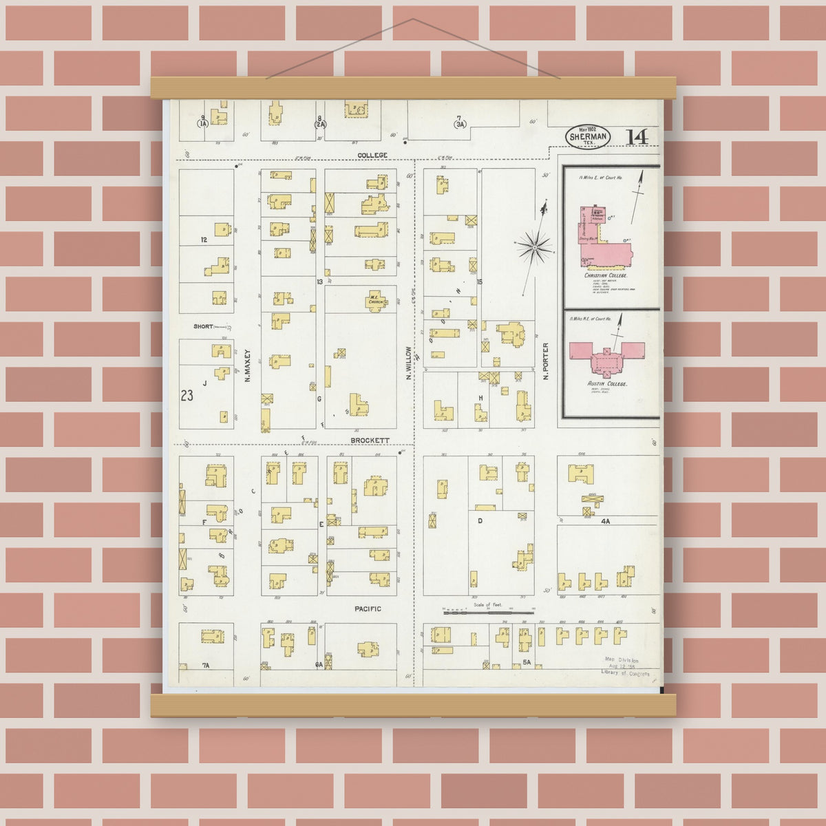 Old map wall art mockup — magnetic wood frame on brick wall — Sanborn Fire Insurance Map from Sherman, Grayson County, Texas (1902), Sheet #0014