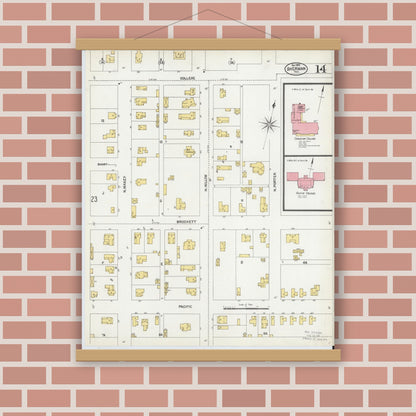 Old map wall art mockup — magnetic wood frame on brick wall — Sanborn Fire Insurance Map from Sherman, Grayson County, Texas (1902), Sheet #0014