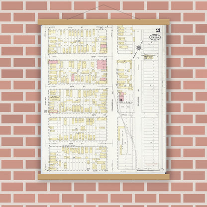 Old map wall art mockup — magnetic wood frame on brick wall — Sanborn Fire Insurance Map from Cairo, Alexander County, Illinois (1914), Sheet #0021