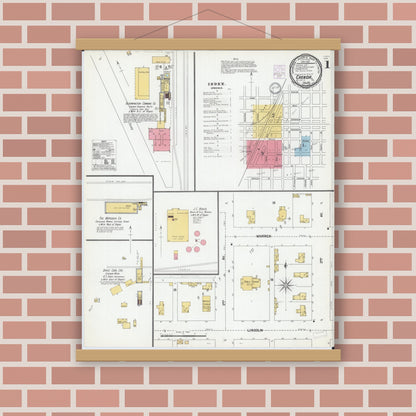 Old map wall art mockup — magnetic wood frame on brick wall — Sanborn Fire Insurance Map from Chenoa, McLean County, Illinois (1901), Sheet #0001