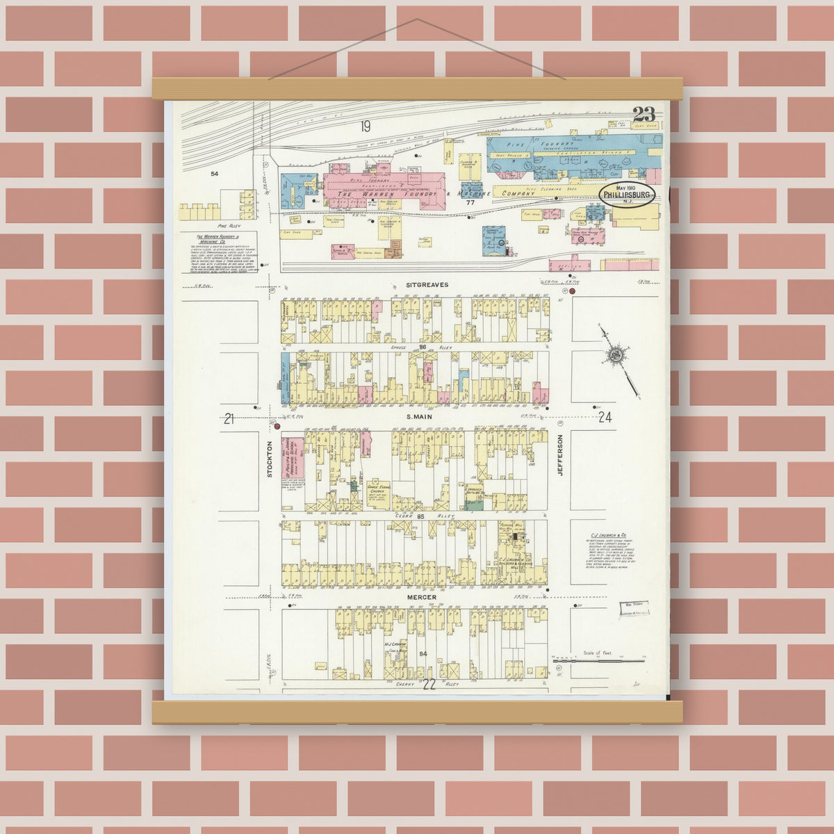Old map wall art mockup — magnetic wood frame on brick wall — Sanborn Fire Insurance Map from Phillipsburg, Warren County, New Jersey (1910), Sheet #0023