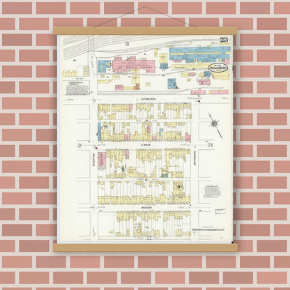 Old map wall art mockup — magnetic wood frame on brick wall — Sanborn Fire Insurance Map from Phillipsburg, Warren County, New Jersey (1910), Sheet #0023