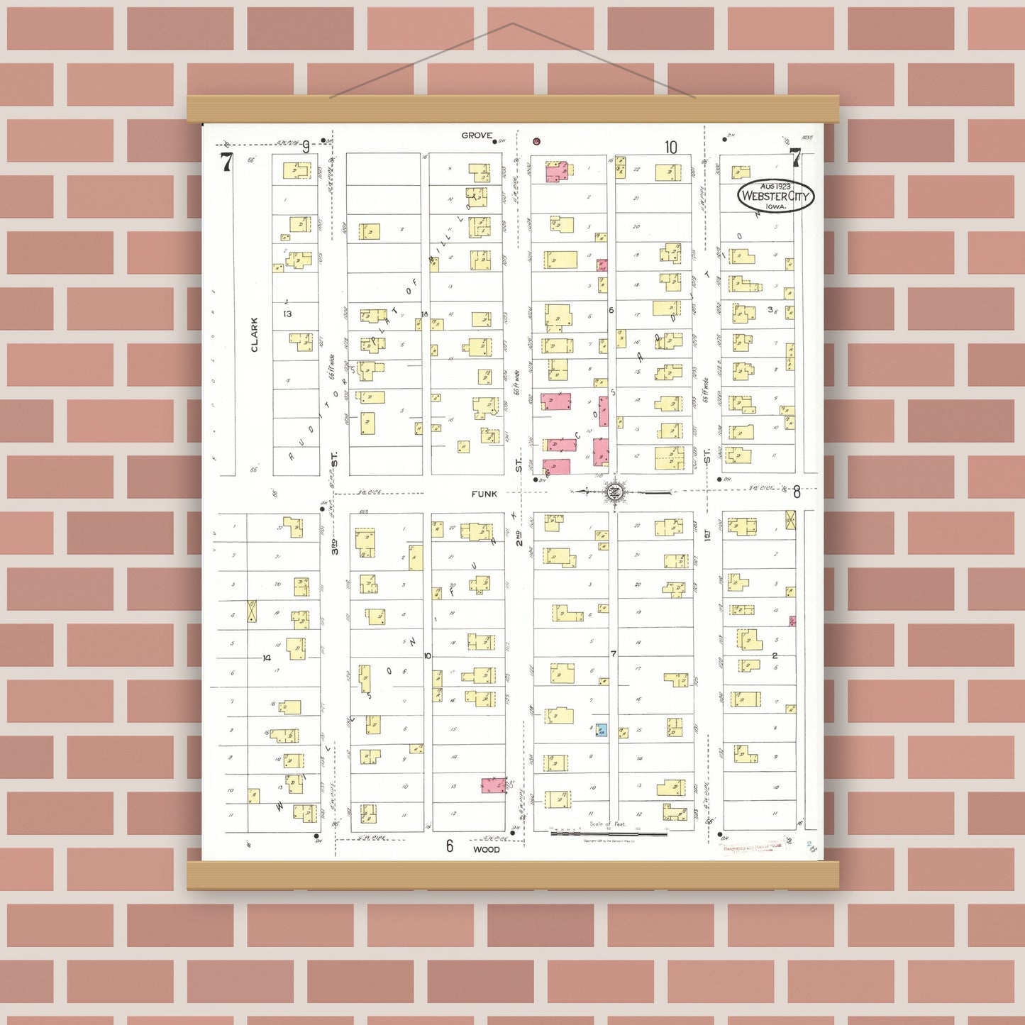 Old map wall art mockup — magnetic wood frame on brick wall — Sanborn Fire Insurance Map from Webster City, Hamilton County, Iowa (1923), Sheet #0007