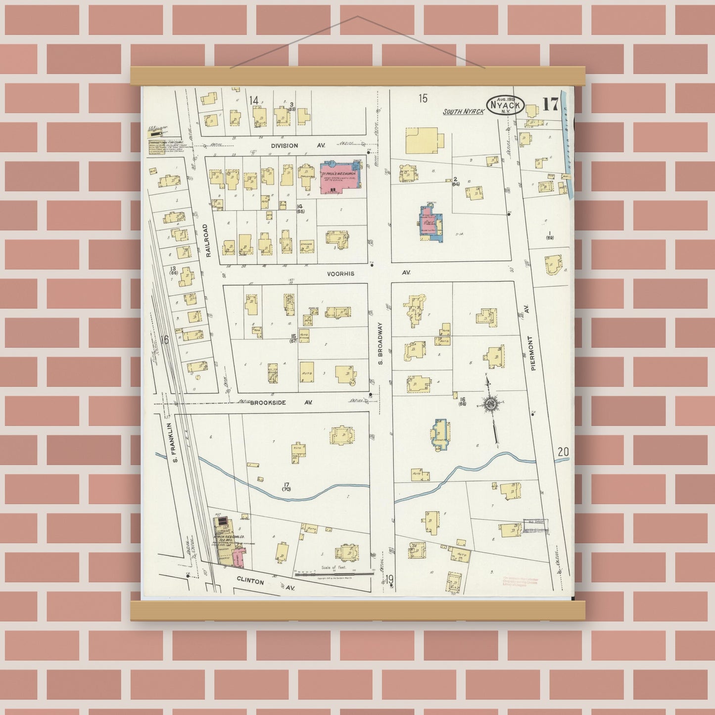 Old map wall art mockup — magnetic wood frame on brick wall — Sanborn Fire Insurance Map from Nyack, Rockland County, New York. (1919), Sheet #0017