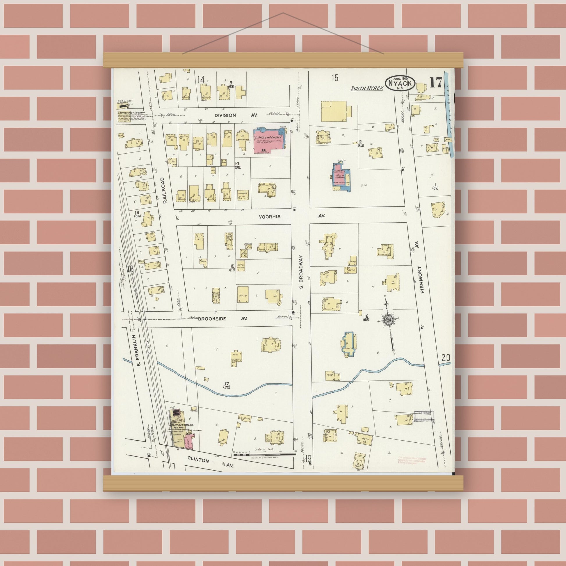 Old map wall art mockup — magnetic wood frame on brick wall — Sanborn Fire Insurance Map from Nyack, Rockland County, New York. (1919), Sheet #0017